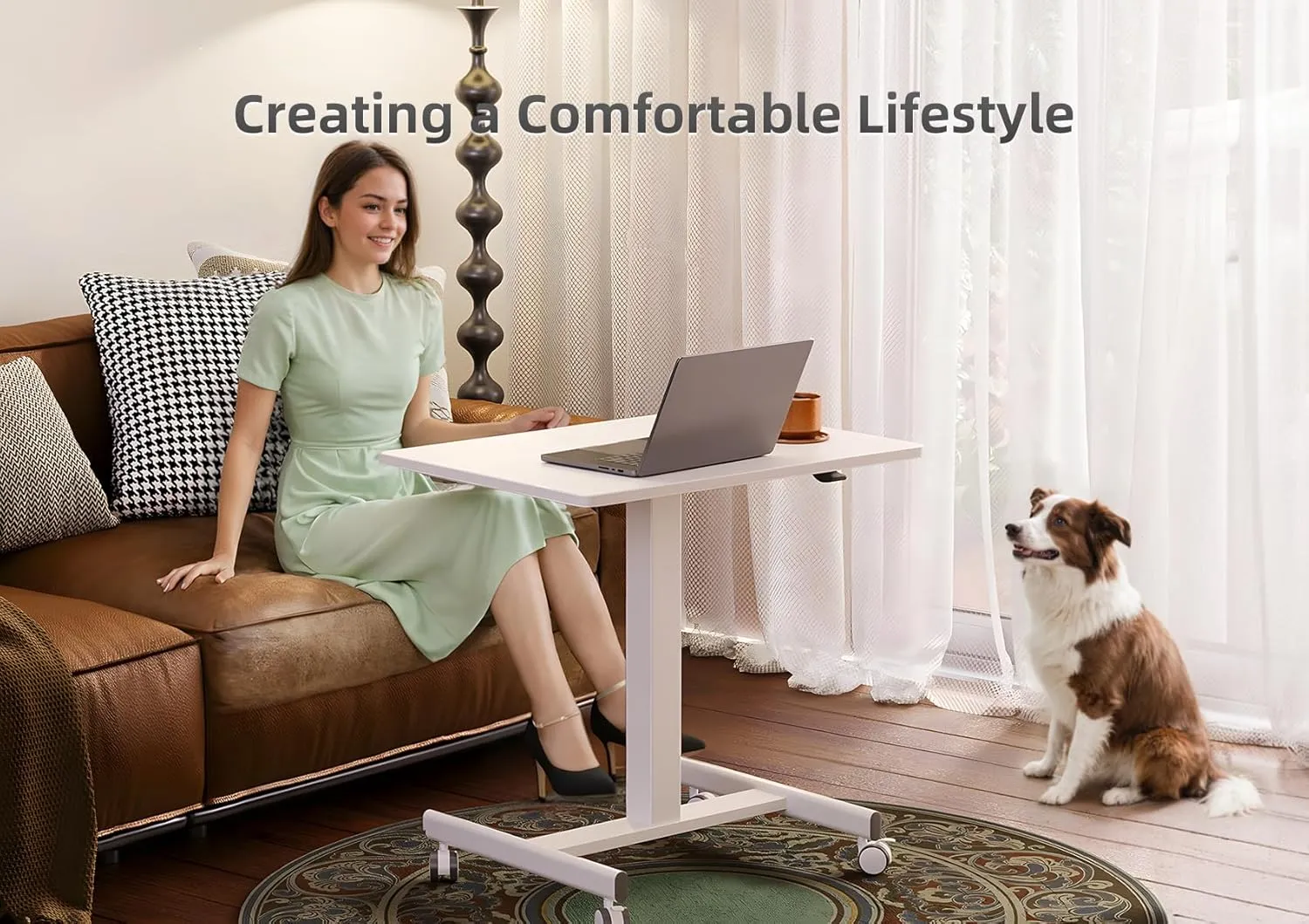 Claiks Mobile Standing Desk, Small Rolling Standing Desk with Wheels, Pneumatic Mobile Adjustable Desk Workstation for Home Office with Hook, White