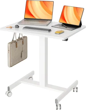 Claiks Mobile Standing Desk, Small Rolling Standing Desk with Wheels, Pneumatic Mobile Adjustable Desk Workstation for Home Office with Hook, White