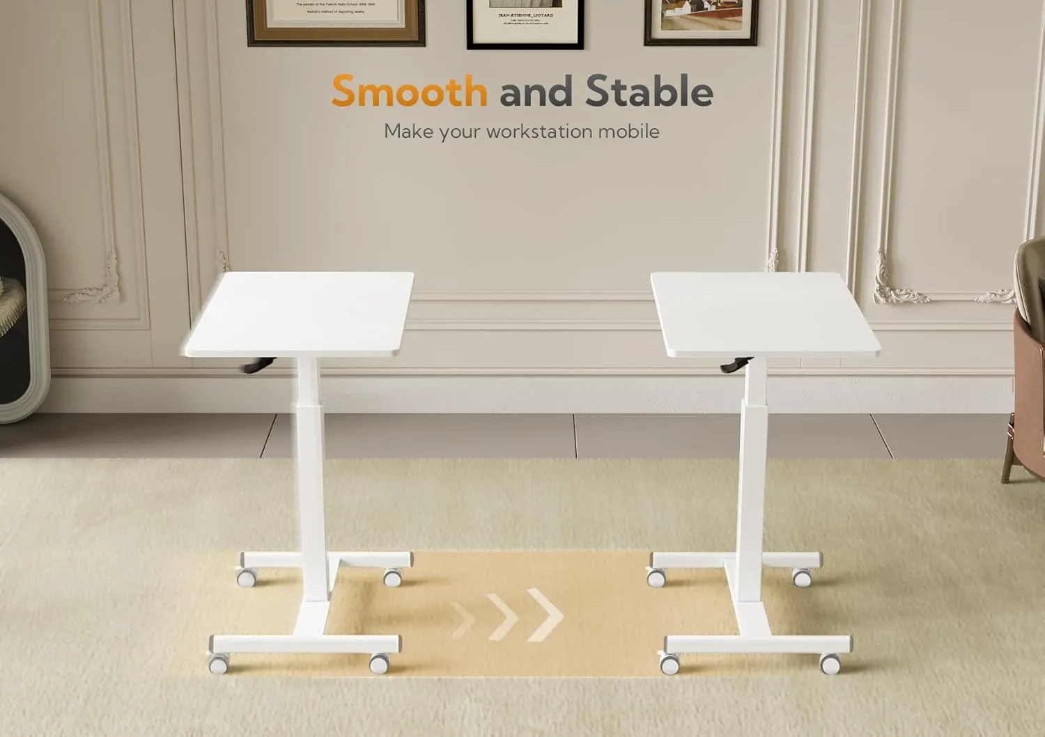Claiks Mobile Standing Desk, Small Rolling Standing Desk with Wheels, Pneumatic Mobile Adjustable Desk Workstation for Home Office with Hook, White