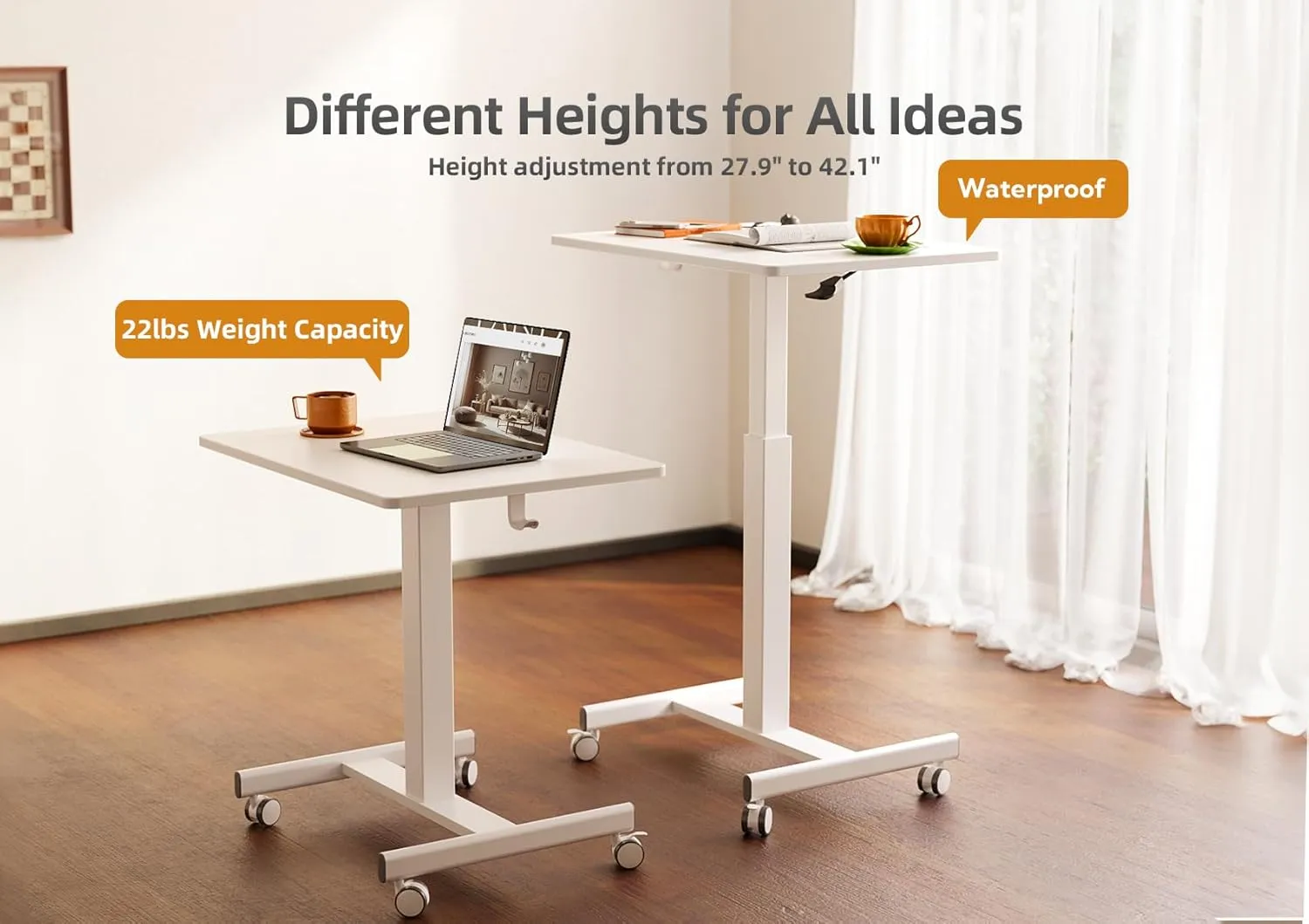 Claiks Mobile Standing Desk, Small Rolling Standing Desk with Wheels, Pneumatic Mobile Adjustable Desk Workstation for Home Office with Hook, White