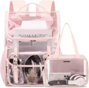 Clear Backpack with Lunch Bag Set, Leather Clear Backpack Heavy Duty Thick PVC Bookbag See Through Transparent Backpacks with Support Pad for Women Girls School College Travel Work Pink