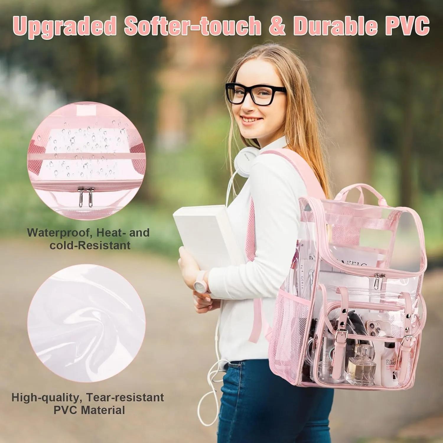 Clear Backpack with Lunch Bag Set, Leather Clear Backpack Heavy Duty Thick PVC Bookbag See Through Transparent Backpacks with Support Pad for Women Girls School College Travel Work Pink