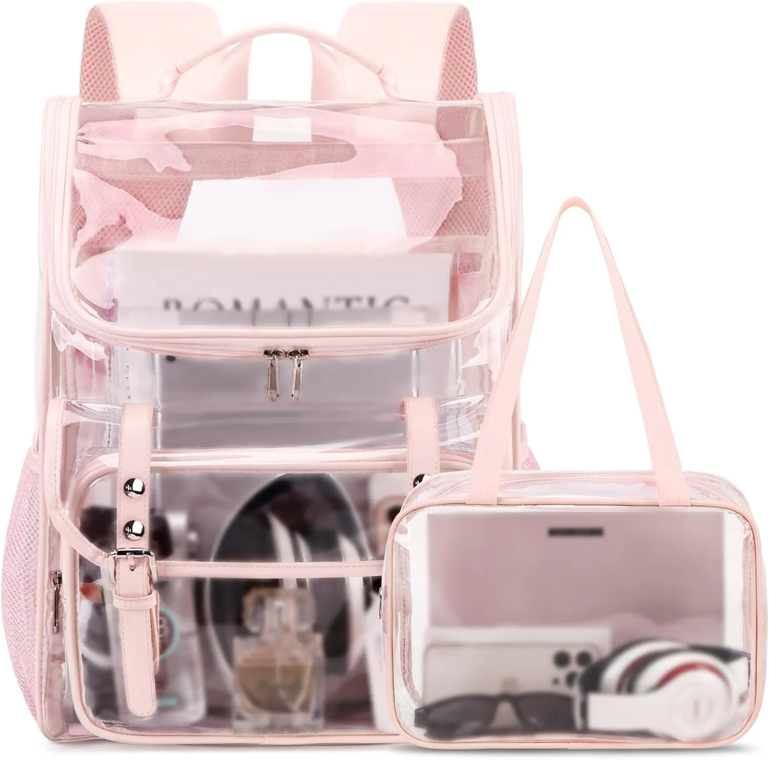 Clear Backpack with Lunch Bag Set, Leather Clear Backpack Heavy Duty Thick PVC Bookbag See Through Transparent Backpacks with Support Pad for Women Girls School College Travel Work Pink