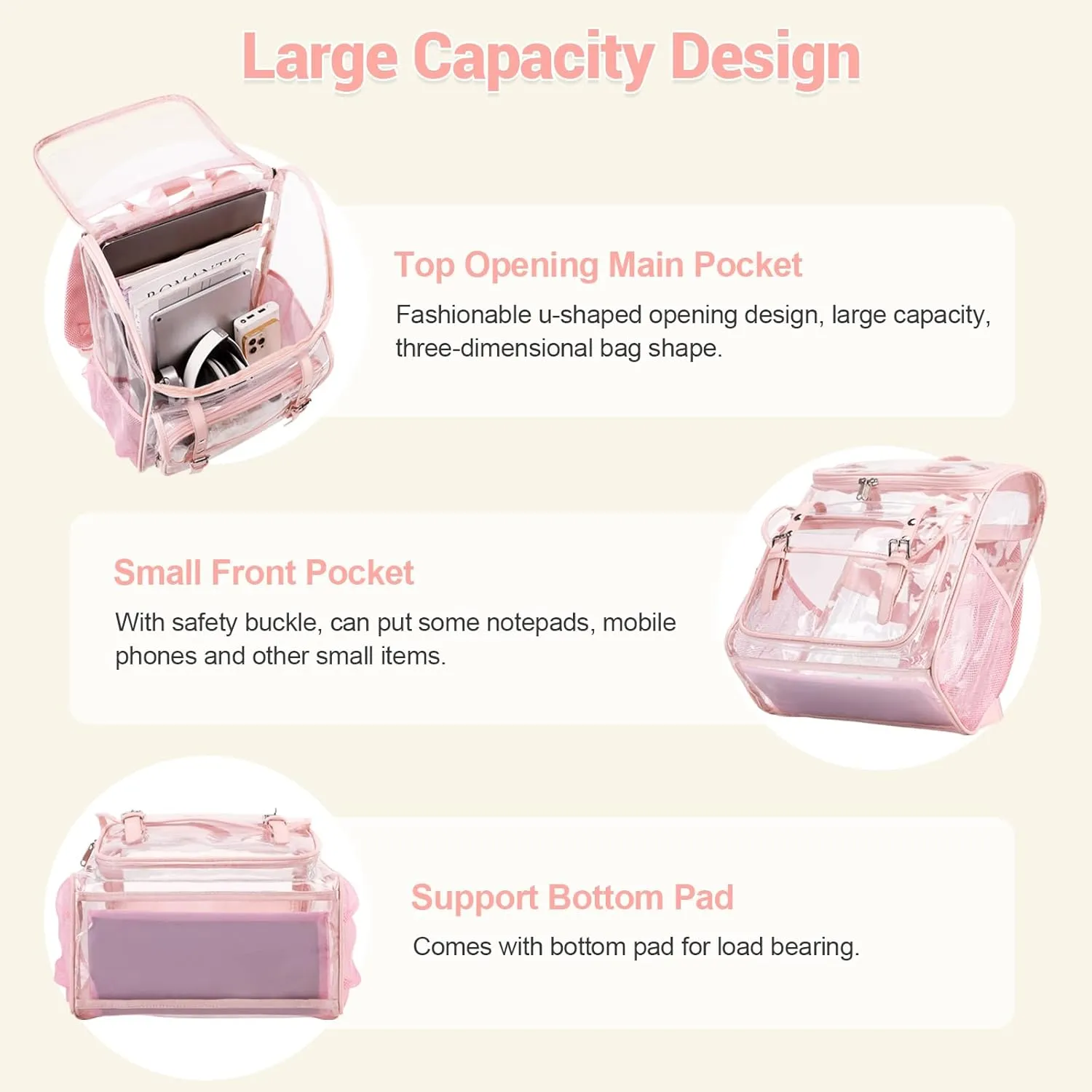 Clear Backpack with Lunch Bag Set, Leather Clear Backpack Heavy Duty Thick PVC Bookbag See Through Transparent Backpacks with Support Pad for Women Girls School College Travel Work Pink