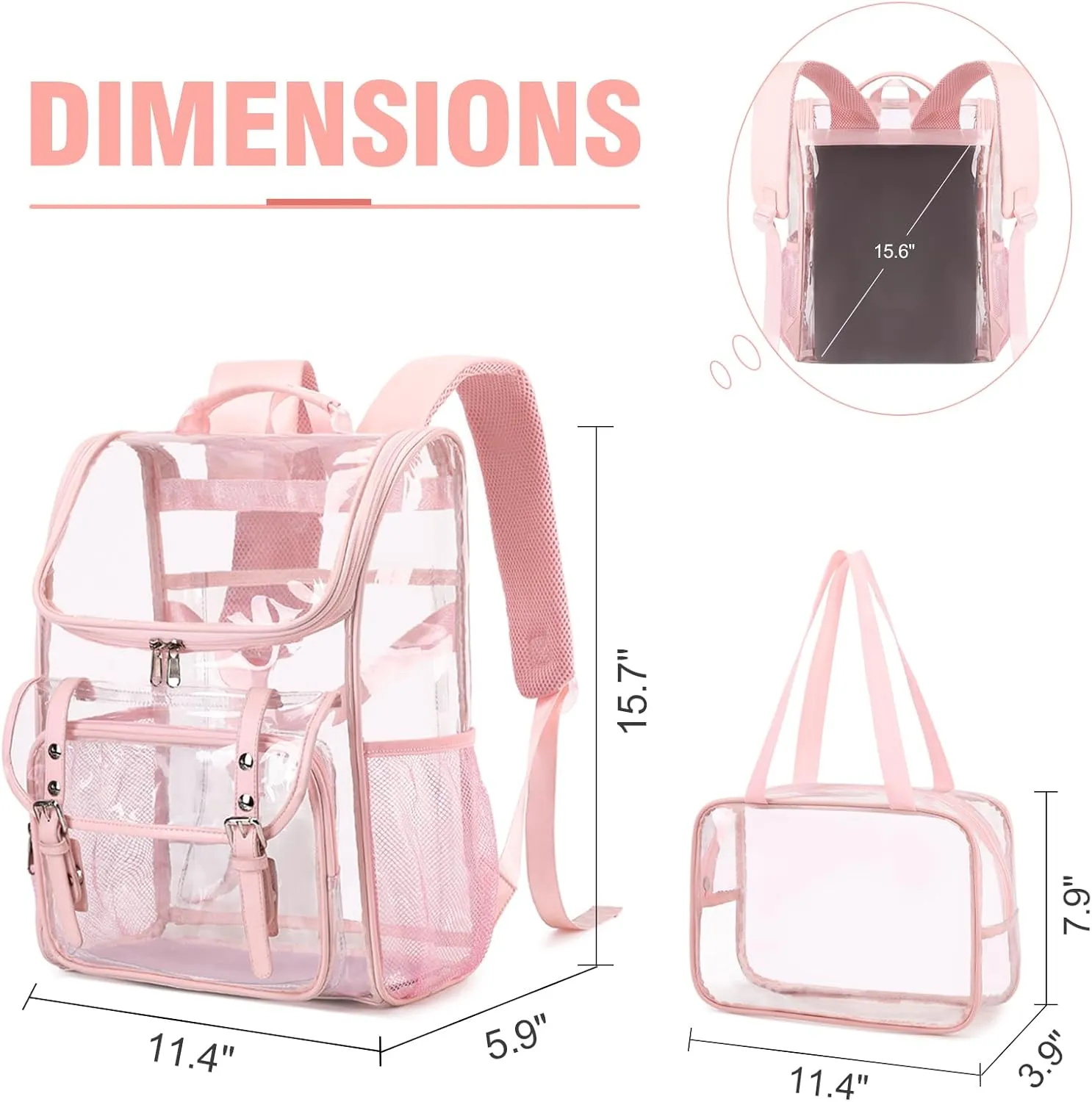 Clear Backpack with Lunch Bag Set, Leather Clear Backpack Heavy Duty Thick PVC Bookbag See Through Transparent Backpacks with Support Pad for Women Girls School College Travel Work Pink
