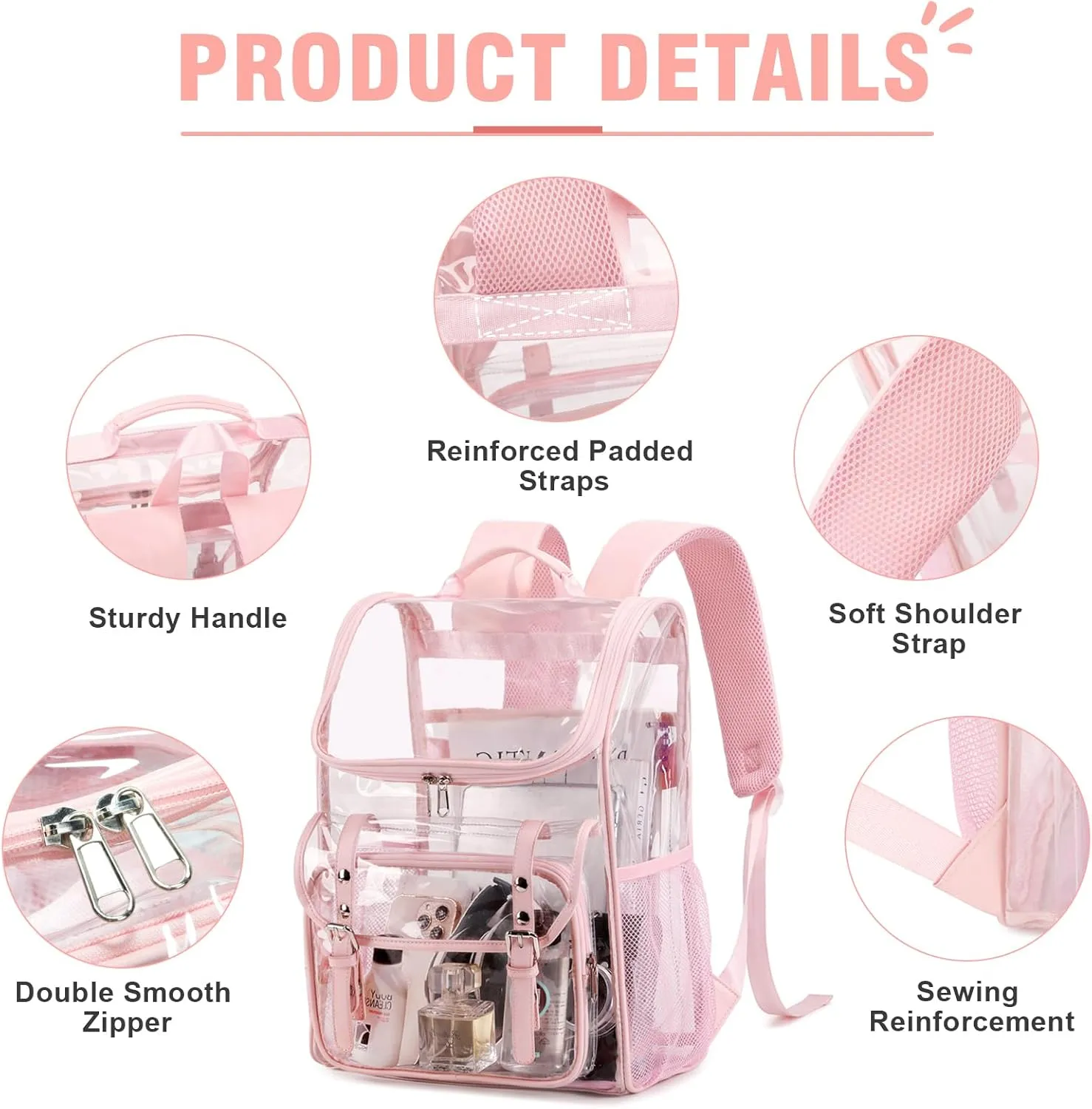 Clear Backpack with Lunch Bag Set, Leather Clear Backpack Heavy Duty Thick PVC Bookbag See Through Transparent Backpacks with Support Pad for Women Girls School College Travel Work Pink