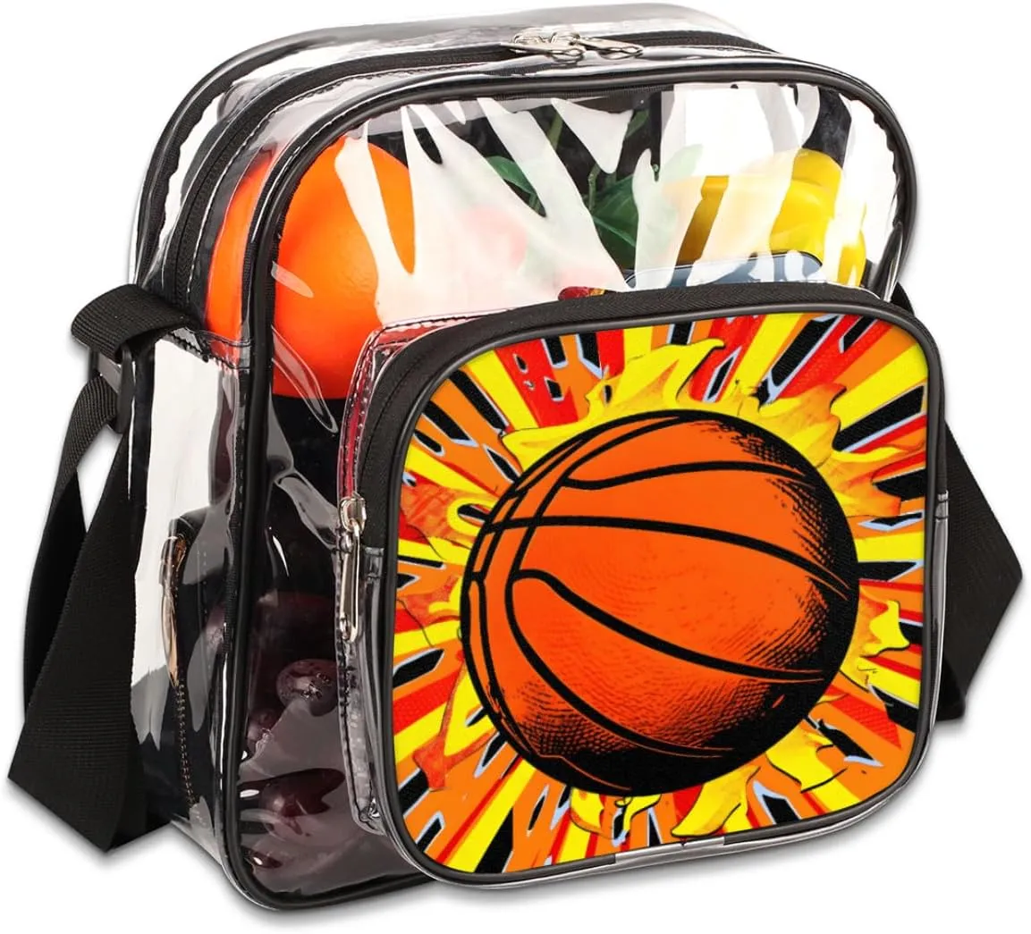 Clear Crossbody Bag for Women Men Stadium Approved Transparent Bag for Festivals,Sports Events,Concerts,Beach Bag Clear Purse with Front Pocket Messenger Bag with Adjustable Strap,Basketball Sports