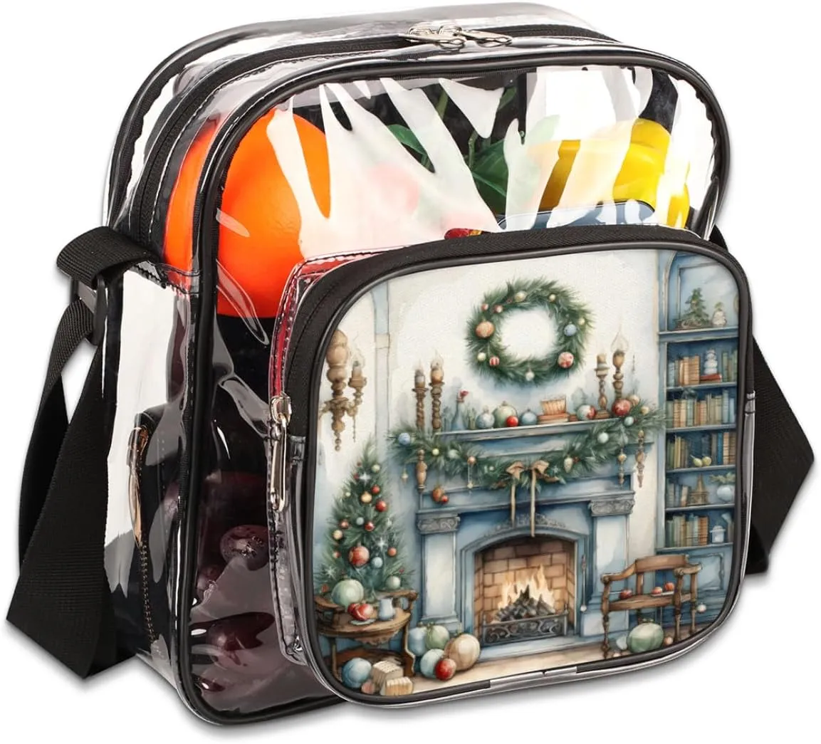 Clear Crossbody Bag for Women Men Stadium Approved Transparent Bag for Festivals,Sports Events,Concerts,Beach Bag Clear Purse with Front Pocket Messenger Bag with Adjustable Strap,Fireplace New Year