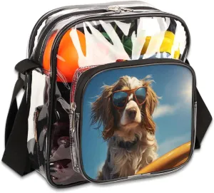 Clear Crossbody Bag Stadium Approved Dog Surfboard Surfing Transparent Bag for Festivals, Sports Events, Concerts,Beach Bag for Women Men Cool Dog Clear Purse with Front Pocket Messenger Bag