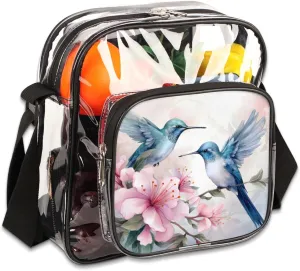 Clear Crossbody Bag Stadium Approved Hummingbirds Floral Transparent Bag for Festivals, Sports Events, Concerts,Beach Bag for Women Men Hummingbirds Clear Purse with Front Pocket Messenger Bag