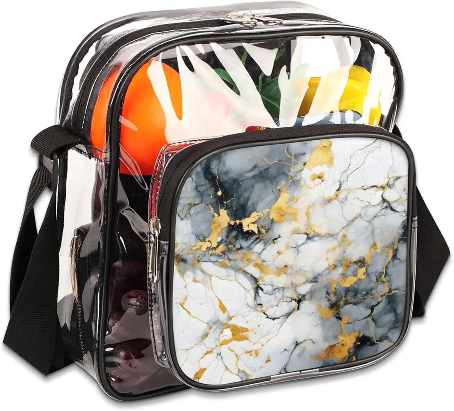 Clear Crossbody Bag Stadium Approved Premium Marble Transparent Bag for Festivals, Sports Events, Concerts,Beach Bag for Women Men Granite Textures Clear Purse with Front Pocket Messenger Bag