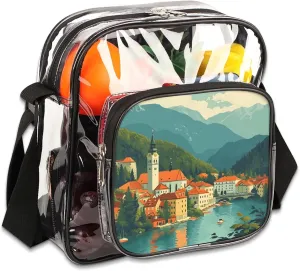Clear Crossbody Bag Stadium Approved Village Transparent Bag for Festivals, Sports Events, Concerts,Beach Bag for Women Men Clear Purse with Front Pocket Messenger Bag with Adjustable Strap