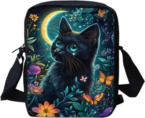 COEQINE Black Cat Purse for Women Crossbody Messenger for Teen Girls Butterfly Moon Floral Crossbody Bag for Women Travel Work Casual Portable Shoulder Bag