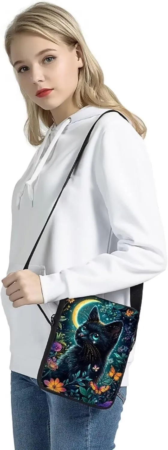 COEQINE Black Cat Purse for Women Crossbody Messenger for Teen Girls Butterfly Moon Floral Crossbody Bag for Women Travel Work Casual Portable Shoulder Bag