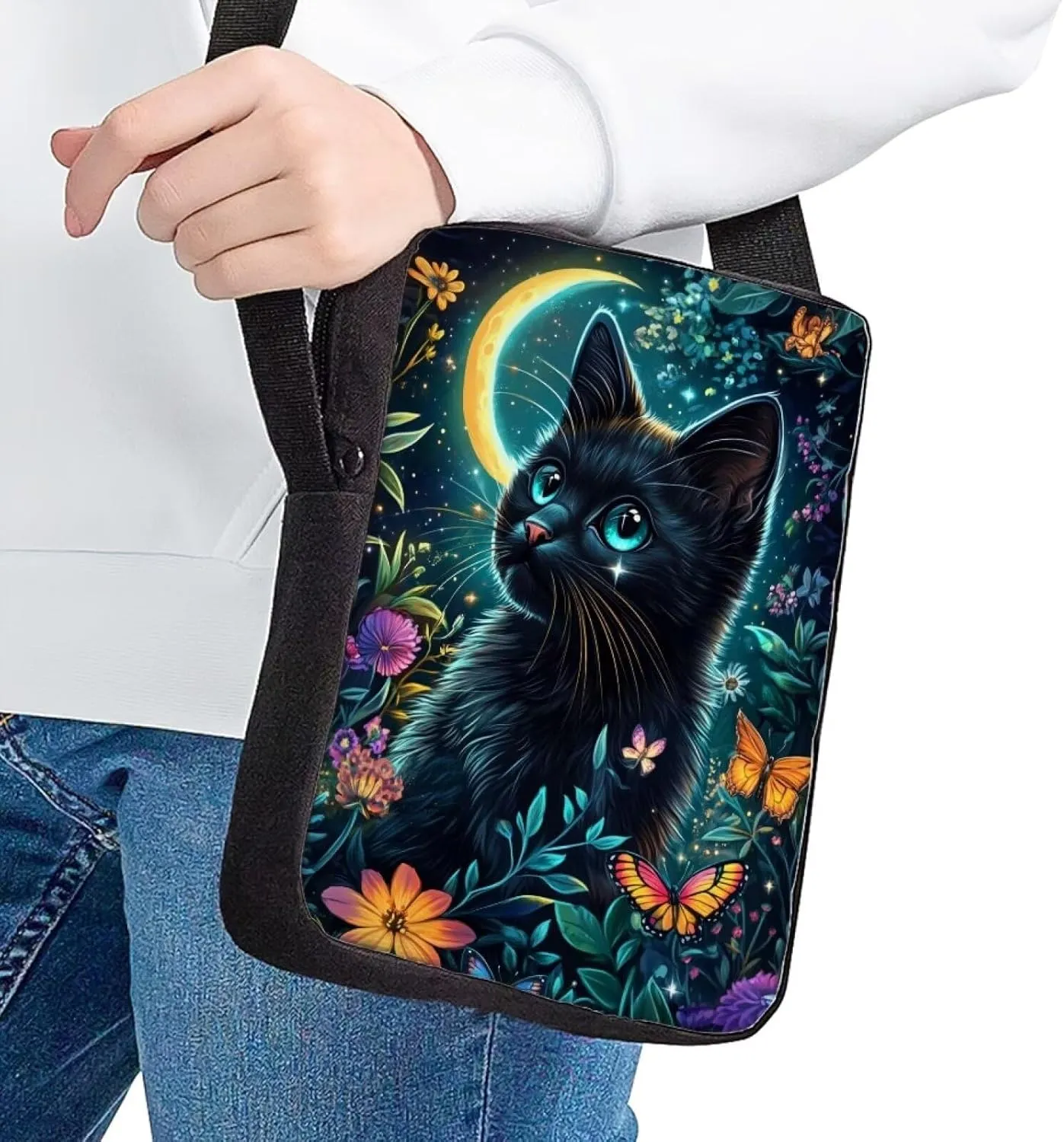 COEQINE Black Cat Purse for Women Crossbody Messenger for Teen Girls Butterfly Moon Floral Crossbody Bag for Women Travel Work Casual Portable Shoulder Bag
