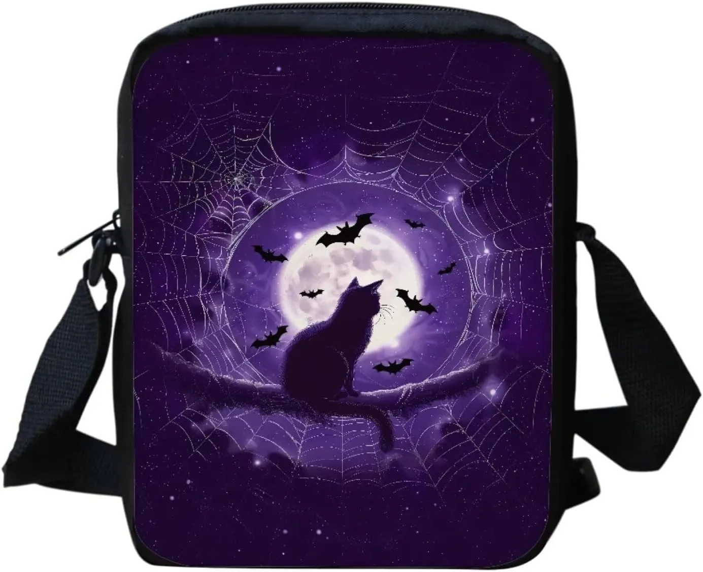 COEQINE Halloween Crossbody Purple Sling Case With Shoulder Strap Aesthetic Purple Moon Themes Bet Black Cats Pattern