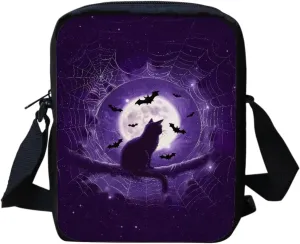 COEQINE Halloween Crossbody Purple Sling Case With Shoulder Strap Aesthetic Purple Moon Themes Bet Black Cats Pattern