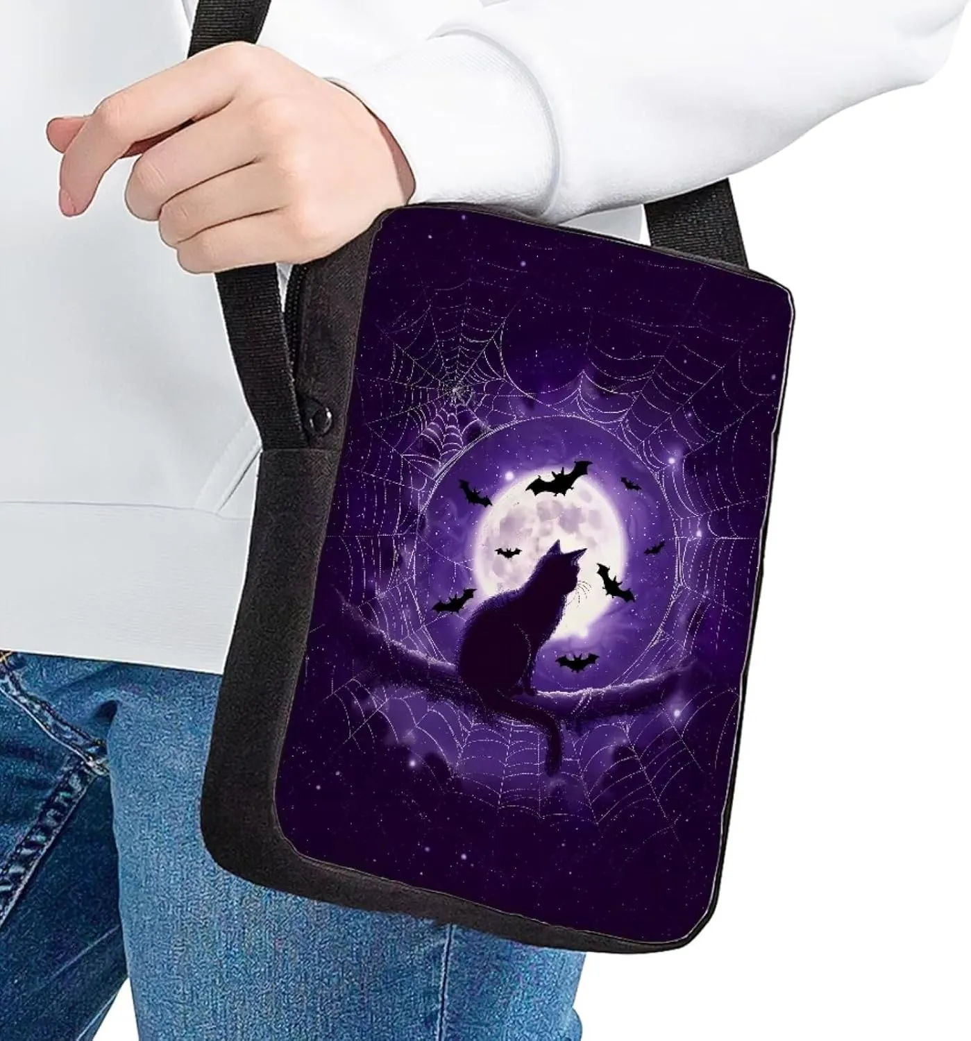COEQINE Halloween Crossbody Purple Sling Case With Shoulder Strap Aesthetic Purple Moon Themes Bet Black Cats Pattern