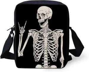 COEQINE Halloween Rock and Roll Human Skull Printed Crossbody Backpack Travel Multipurpose Daypacks Sling Backpack for Teen Boys, Skull Crossbody Bag, Goth Purse