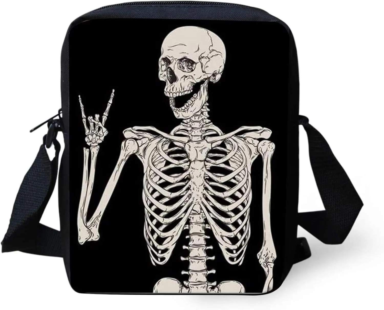 COEQINE Halloween Rock and Roll Human Skull Printed Crossbody Backpack Travel Multipurpose Daypacks Sling Backpack for Teen Boys, Skull Crossbody Bag, Goth Purse