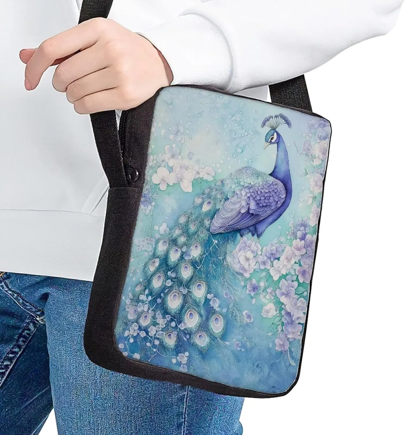 COEQINE Large Boho Crossbody Bags for Women Blue Peacock Bags with Back Zipper Pocket for Girls Teen Aesthetic Purse for Ladies Teen Travel Backpack Shoulder Bag