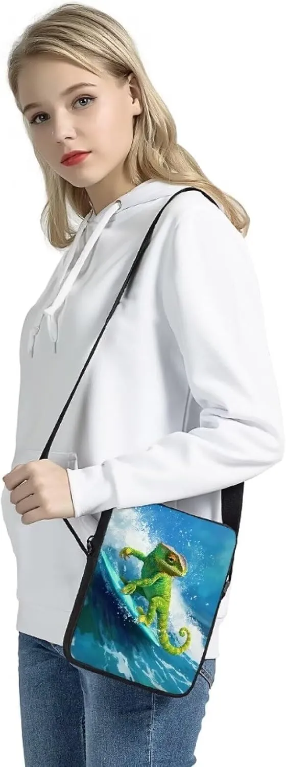 COEQINE Novelty Crossbody Purse for Travel Lizard Surfing Purse Bag With Shoulder Strap Adjustable Lightweight Messenger Bag With Back Zipper Pocket