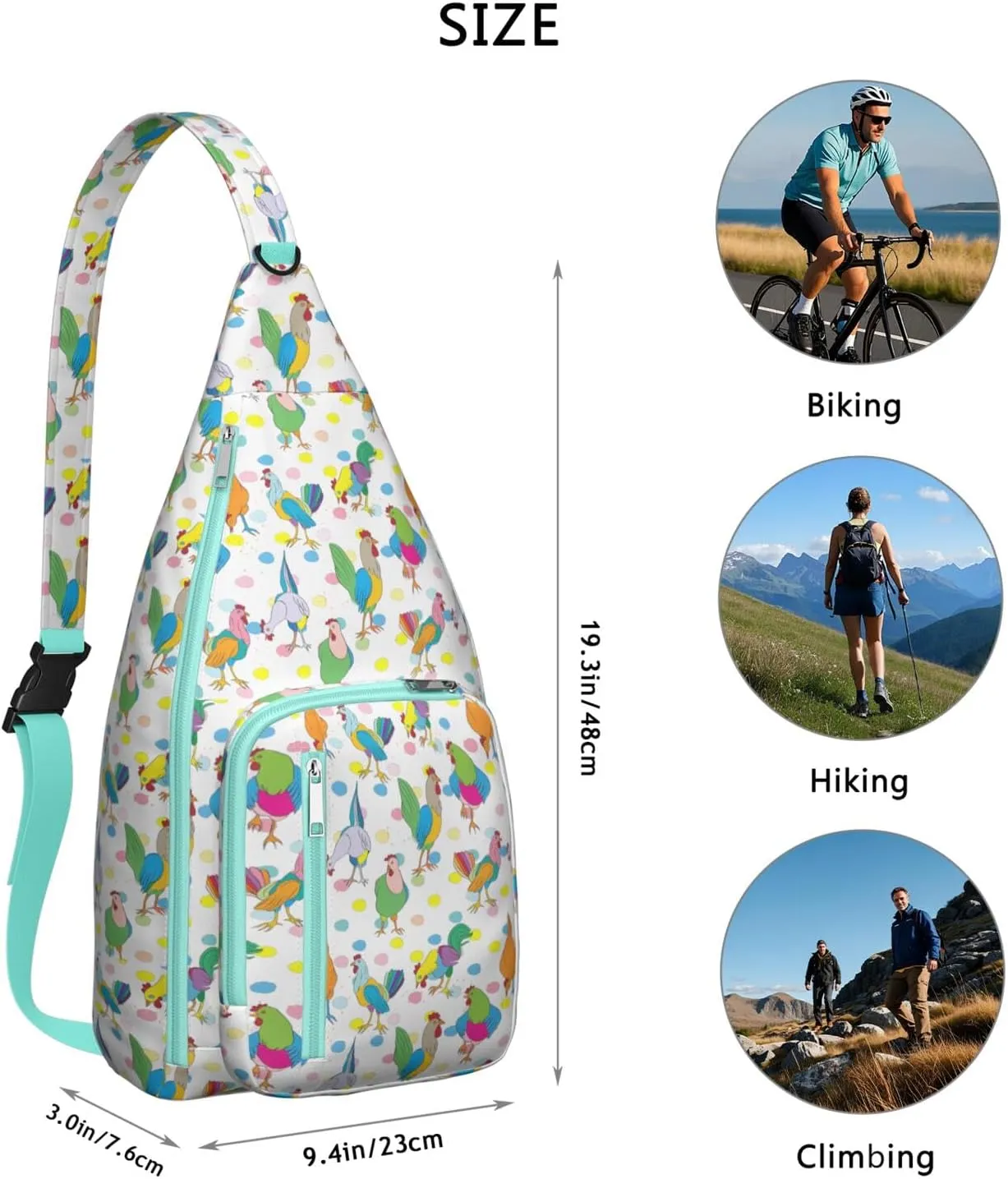 Colorful Garden Rooster and Egg Crossbody Bag Daypack for Women Men Lightweight Waterproof Sling Bag Backpack Hiking Cycling