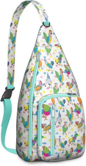 Colorful Garden Rooster and Egg Crossbody Bag Daypack for Women Men Lightweight Waterproof Sling Bag Backpack Hiking Cycling