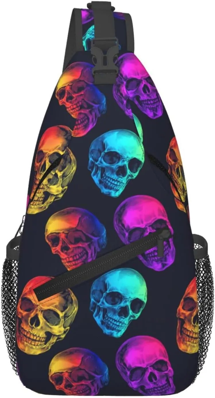 Colorful Neon Skull Sling Backpack Hiking Backpack Crossbody Bag Sports Lightweight And Durable Chest Bag Shoulder Bag For Women Men