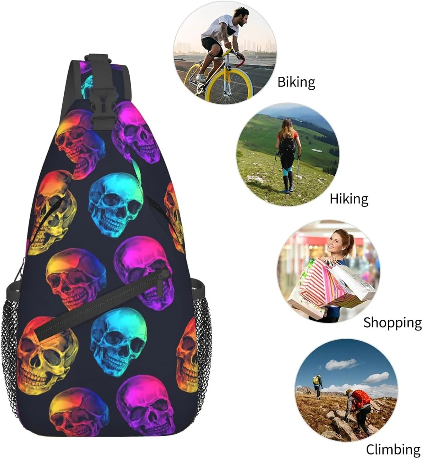 Colorful Neon Skull Sling Backpack Hiking Backpack Crossbody Bag Sports Lightweight And Durable Chest Bag Shoulder Bag For Women Men