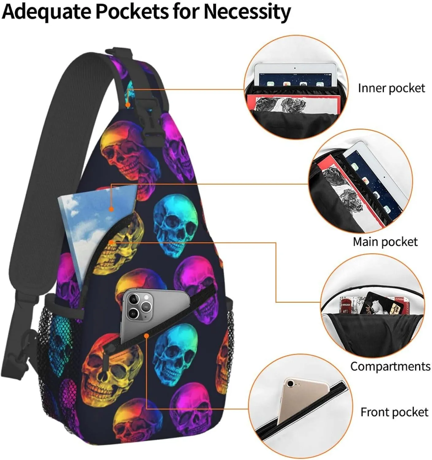 Colorful Neon Skull Sling Backpack Hiking Backpack Crossbody Bag Sports Lightweight And Durable Chest Bag Shoulder Bag For Women Men