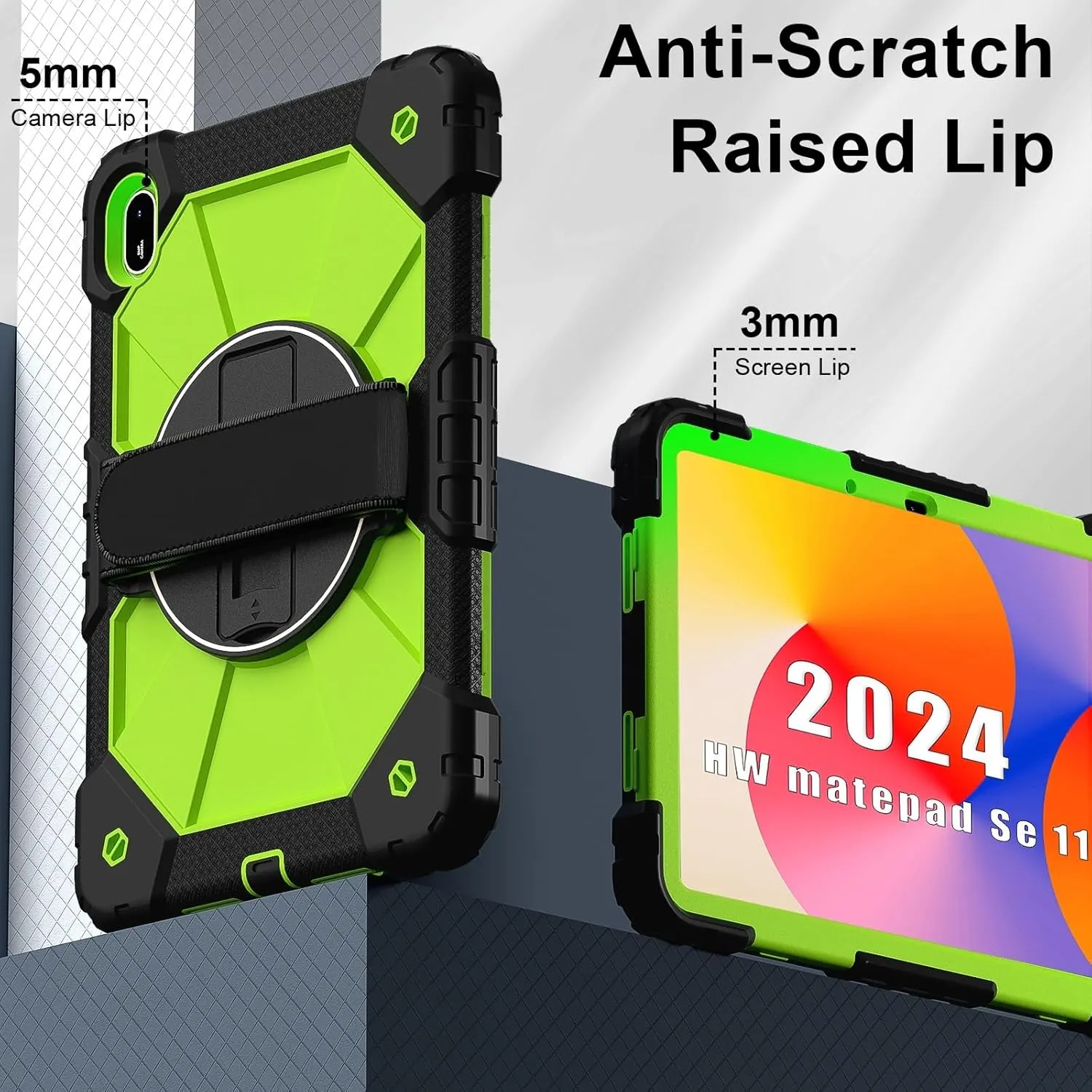 Compatible with Huawei Matepad SE 11inch 2024 Shockproof Kids Case,[Kickstand] [Shoulder Strap] 360 Degree Rotating Hand Strap Stand Bracket Heavy Duty Rugged Cover cy (BLACK GREEN)