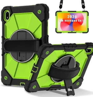 Compatible with Huawei Matepad SE 11inch 2024 Shockproof Kids Case,[Kickstand] [Shoulder Strap] 360 Degree Rotating Hand Strap Stand Bracket Heavy Duty Rugged Cover cy (BLACK GREEN)