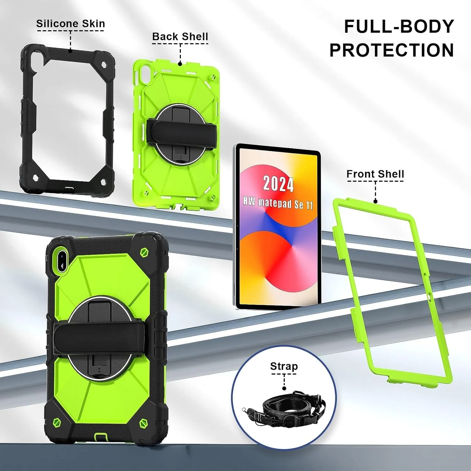 Compatible with Huawei Matepad SE 11inch 2024 Shockproof Kids Case,[Kickstand] [Shoulder Strap] 360 Degree Rotating Hand Strap Stand Bracket Heavy Duty Rugged Cover cy (BLACK GREEN)