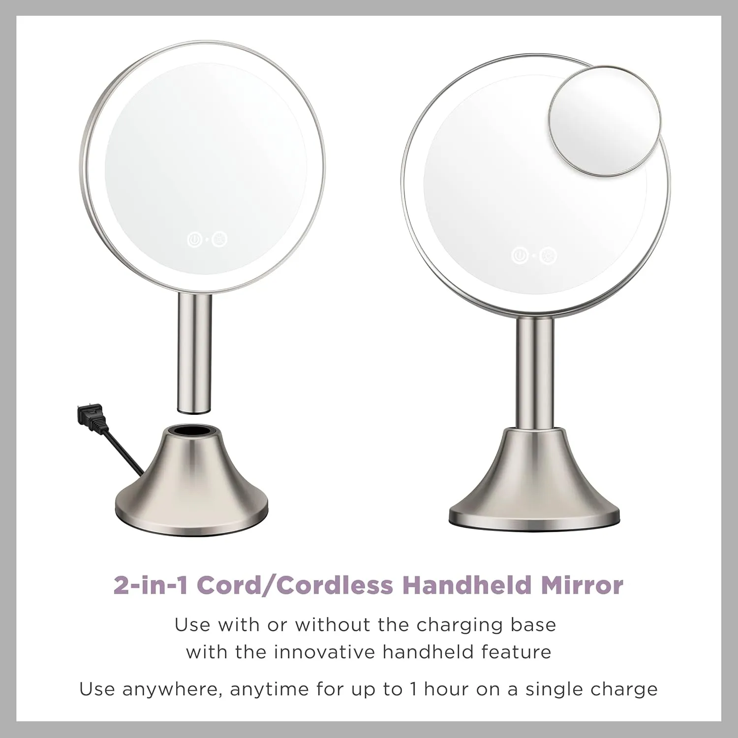 Conair Lighted Makeup Mirror, LED Vanity Mirror, 1X/10X Magnifying Mirror with Handheld Feature, Corded or Cordless in Brushed Nickel