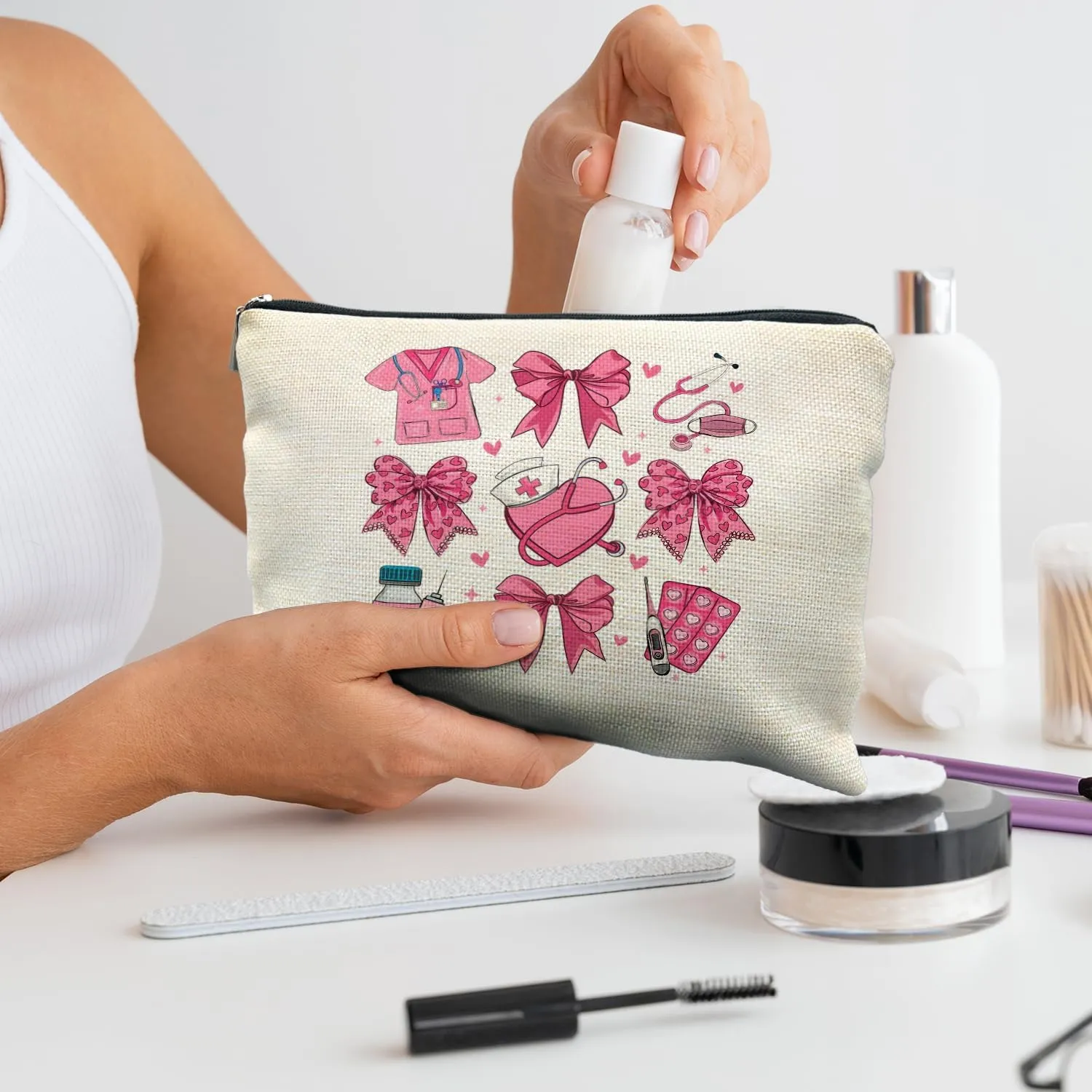 Coquette Pink Bow Nurse Makeup Bag, Nurse Gifts for Women Cosmetic Bags, Nurse Week Gifts Makeup Pouch, Nurse Appreciation Gifts Zipper Pouch