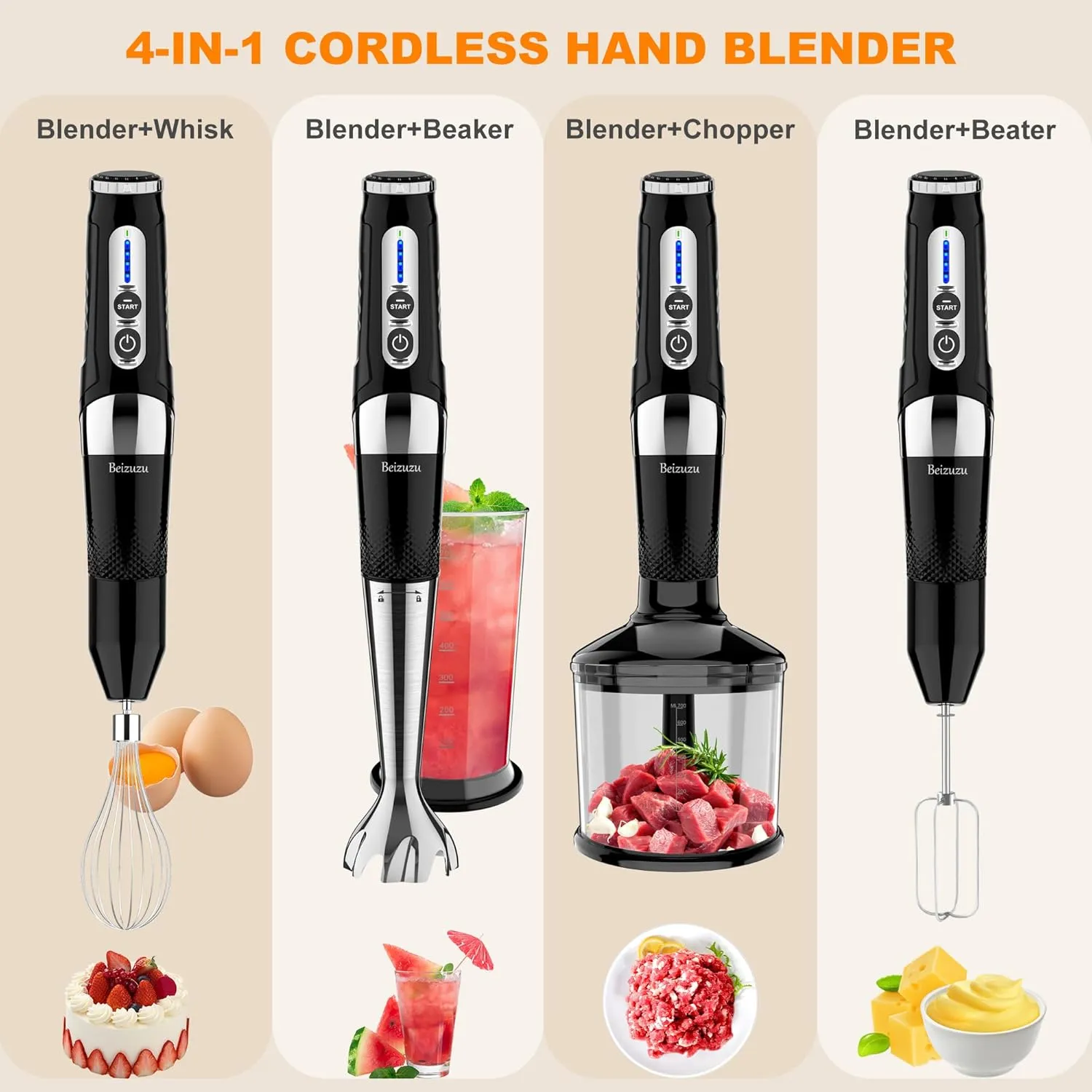 Cordless Hand Blender: 4-in-1 USB Rechargeable Immersion Blender, 21 Variable Speeds & 3-Angle Adjustable with 700ml Chopper, 700ml Beaker, Egg Whisk and Beater for Smoothies, Soup, Baby Food (Black)