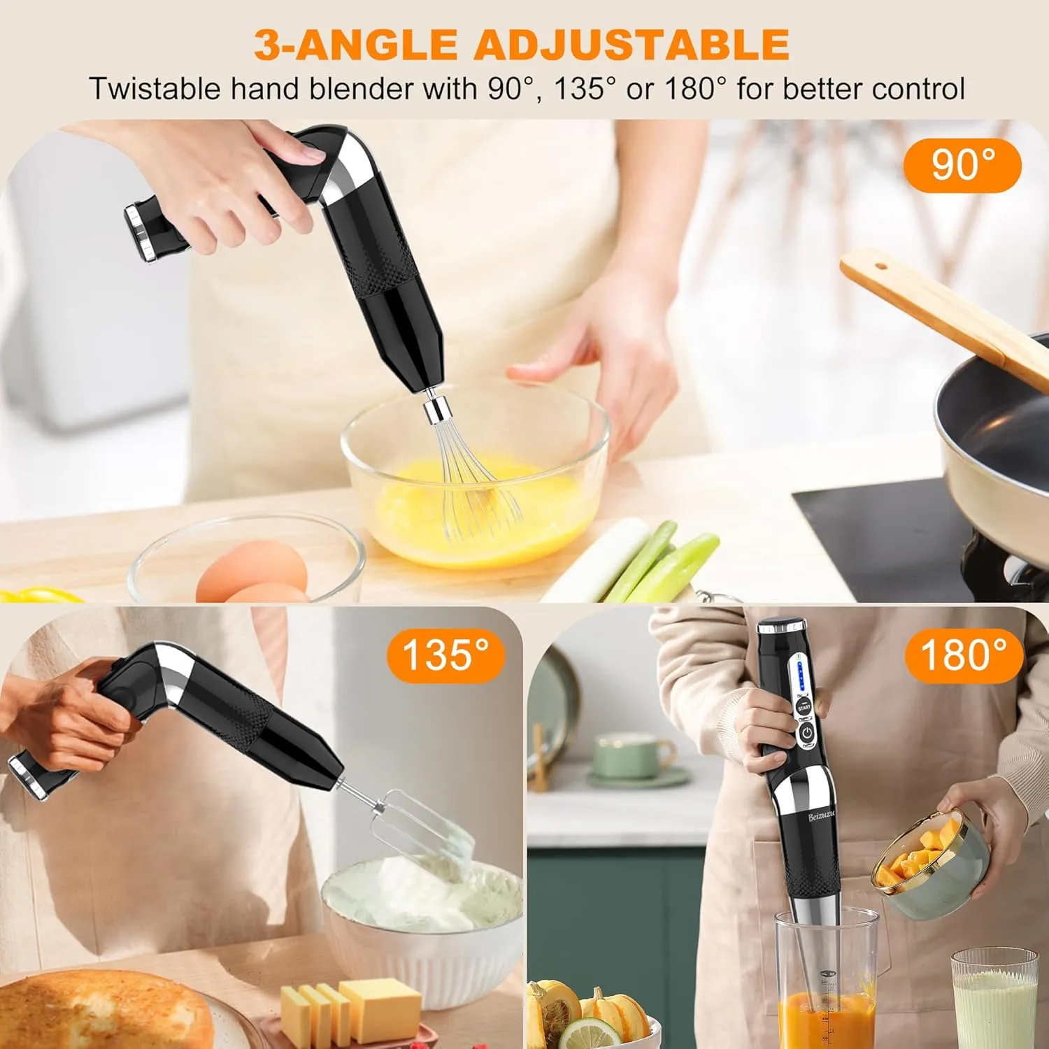 Cordless Hand Blender: 4-in-1 USB Rechargeable Immersion Blender, 21 Variable Speeds & 3-Angle Adjustable with 700ml Chopper, 700ml Beaker, Egg Whisk and Beater for Smoothies, Soup, Baby Food (Black)