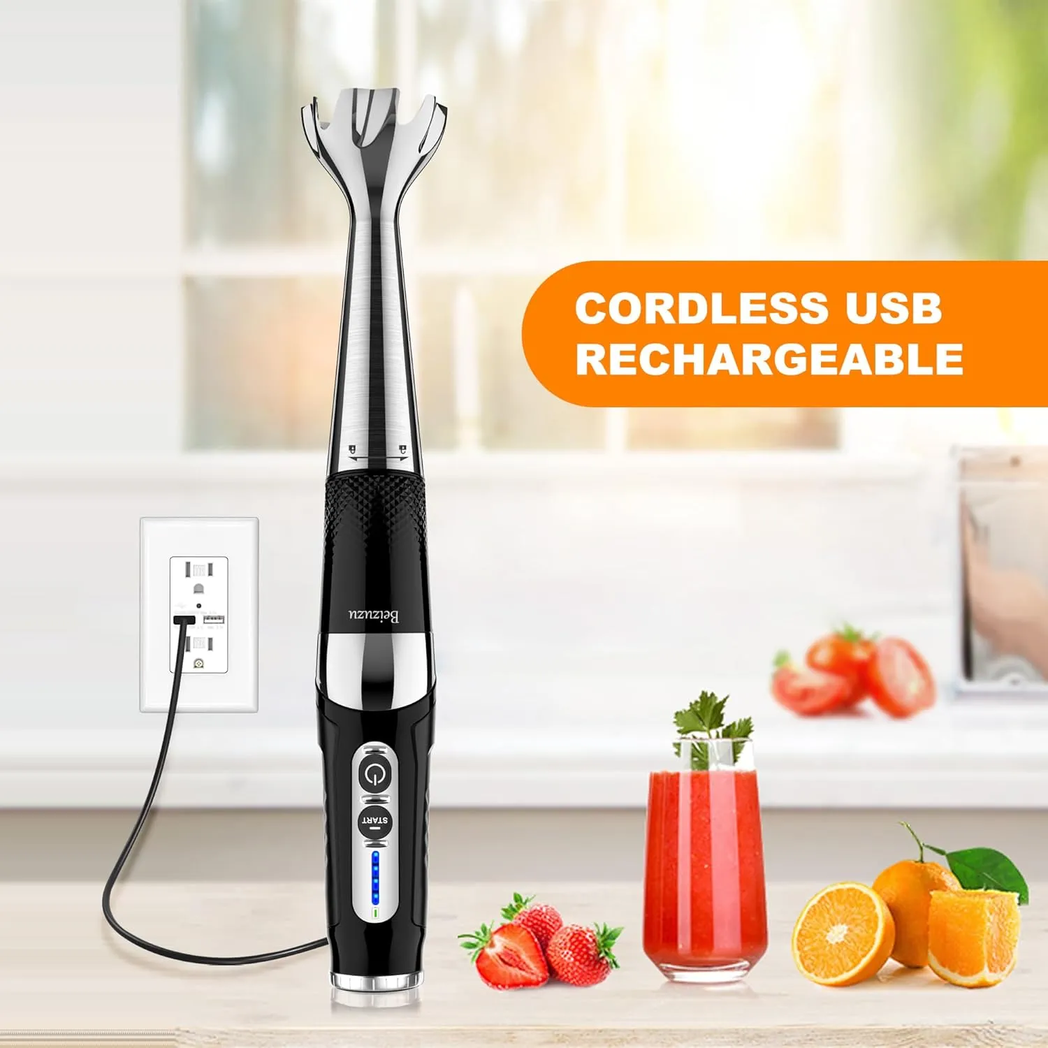 Cordless Hand Blender: 4-in-1 USB Rechargeable Immersion Blender, 21 Variable Speeds & 3-Angle Adjustable with 700ml Chopper, 700ml Beaker, Egg Whisk and Beater for Smoothies, Soup, Baby Food (Black)