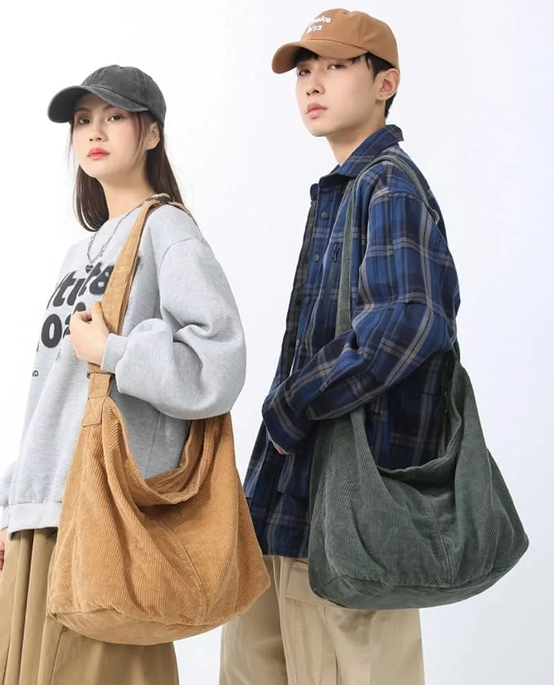 Corduroy Shoulder Bag for Women Men Large Capacity Crossbody Bag Minimalist Tote Commuting Handbag Purse
