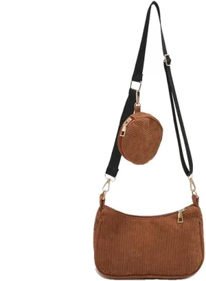 Corduroy Shoulder Bag with Small Coin Pouch Vintage inspired for Fashion Enthusiasts
