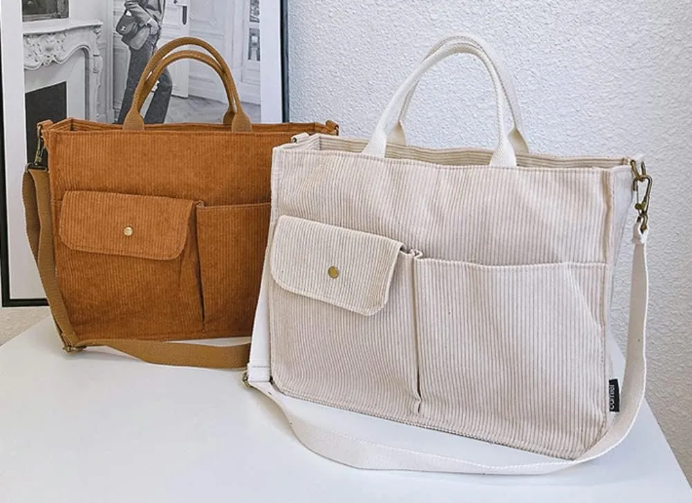 Corduroy Tote Bag for Women Girl Casual Shoulder Handbags Crossbody Bag with Zipper and Outer Pocket