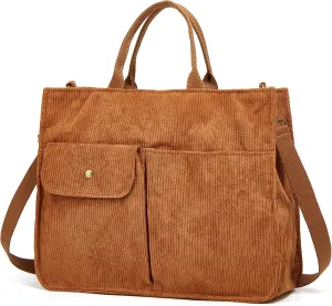 Corduroy Tote Bag for Women Girl Casual Shoulder Handbags Crossbody Bag with Zipper and Outer Pocket
