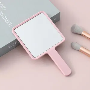 Cosmetic Mirror, Square HD Handheld Mirror, Portable Handheld Handle, Beauty Small Mirror Square Pink