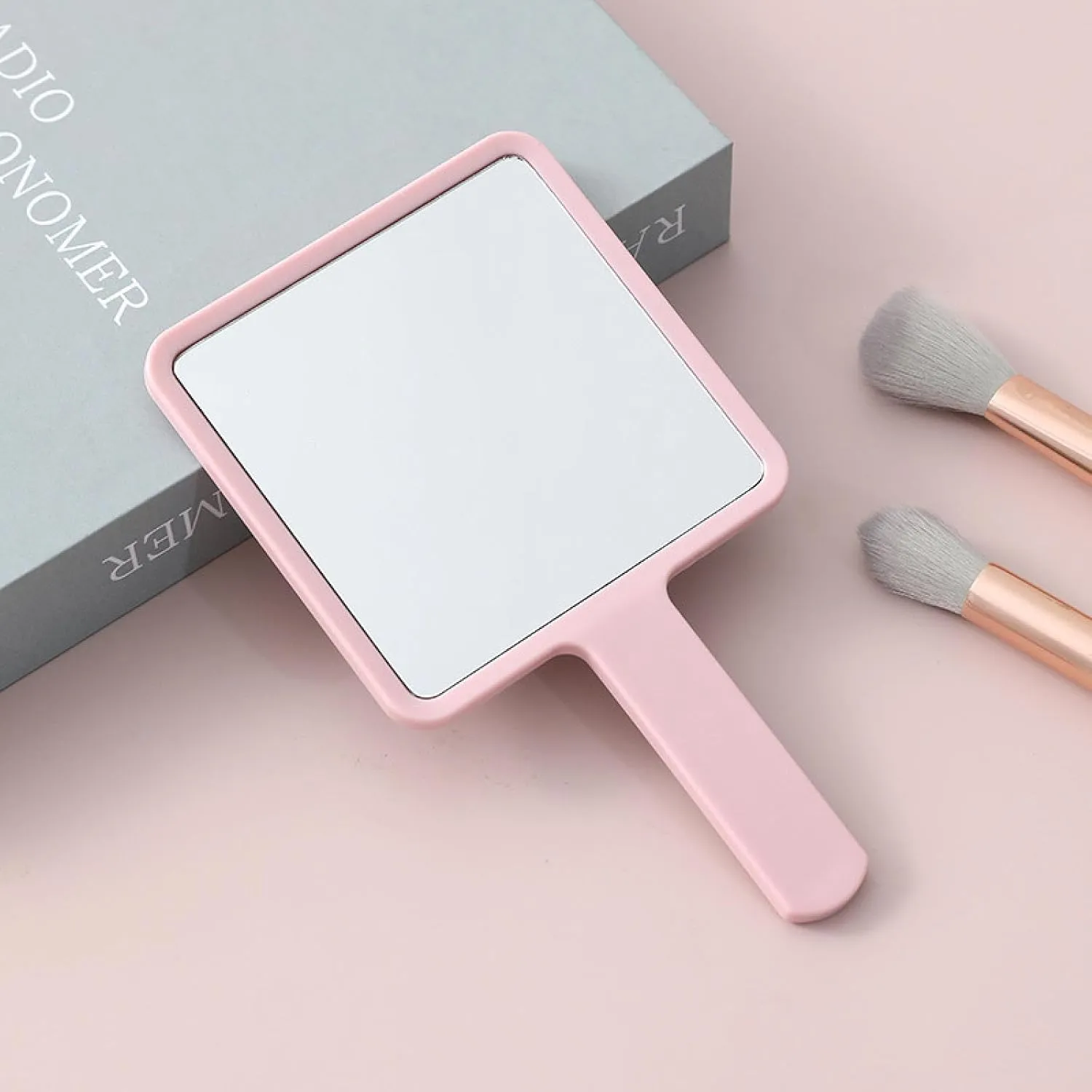 Cosmetic Mirror, Square HD Handheld Mirror, Portable Handheld Handle, Beauty Small Mirror Square Pink