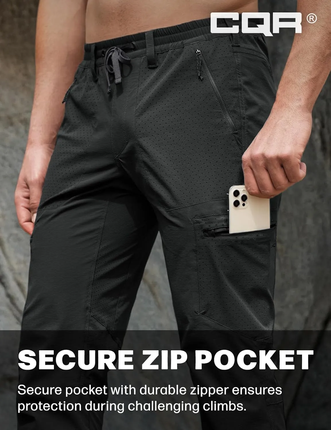 CQR Men's Lightweight Vent Hiking Pants, Water-Resistant & Breathable Sports Outdoor Athletic Pants with Elastic Waist