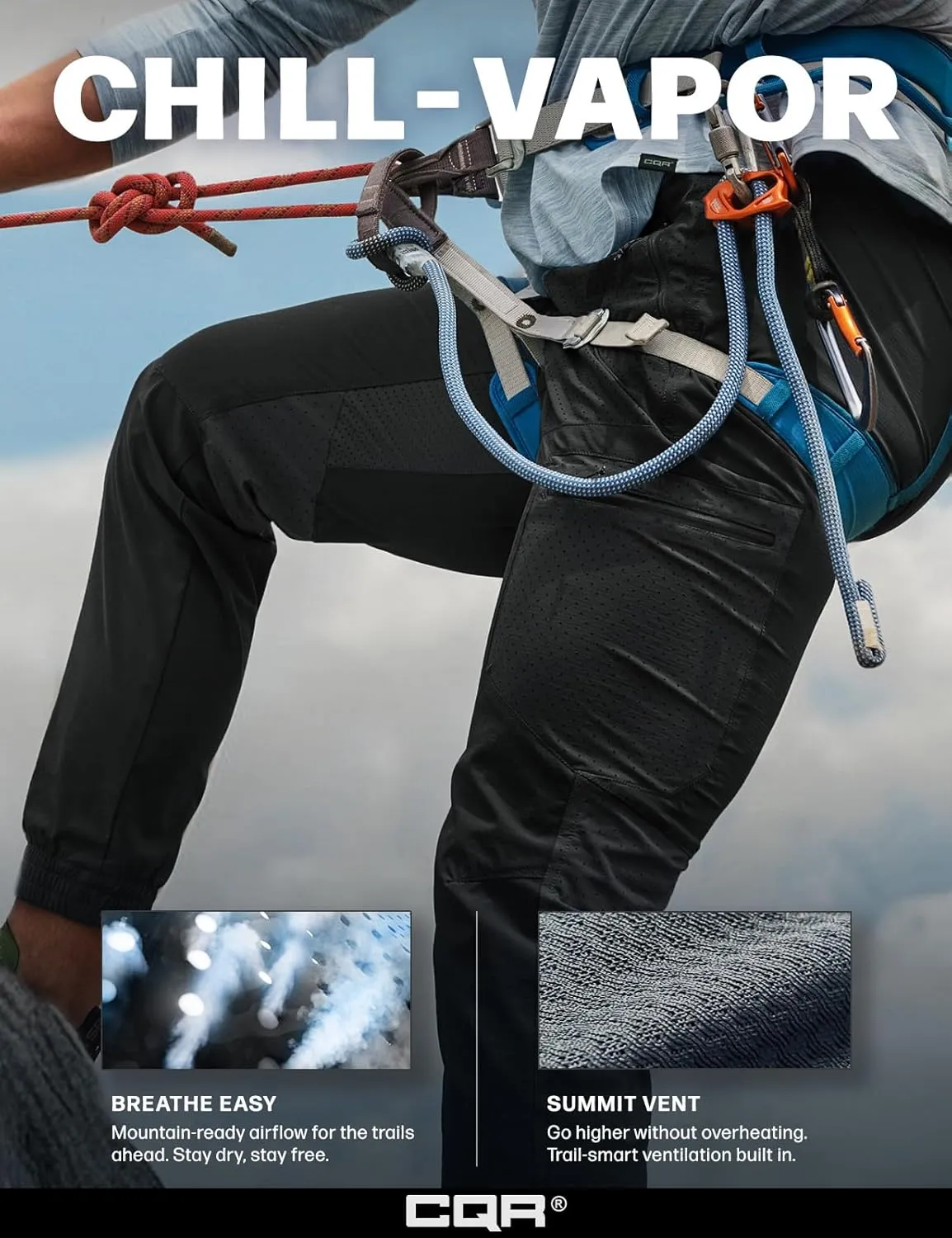 CQR Men's Lightweight Vent Hiking Pants, Water-Resistant & Breathable Sports Outdoor Athletic Pants with Elastic Waist