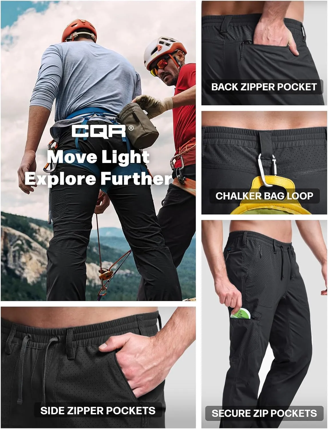 CQR Men's Lightweight Vent Hiking Pants, Water-Resistant & Breathable Sports Outdoor Athletic Pants with Elastic Waist