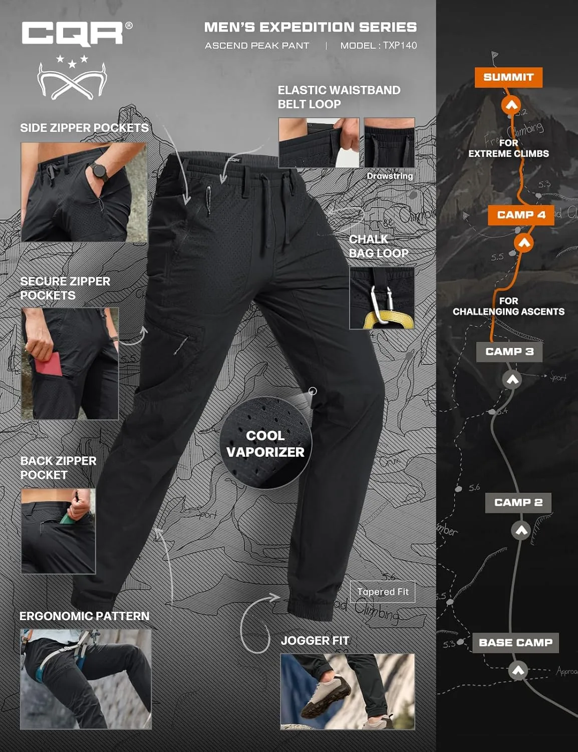 CQR Men's Lightweight Vent Hiking Pants, Water-Resistant & Breathable Sports Outdoor Athletic Pants with Elastic Waist