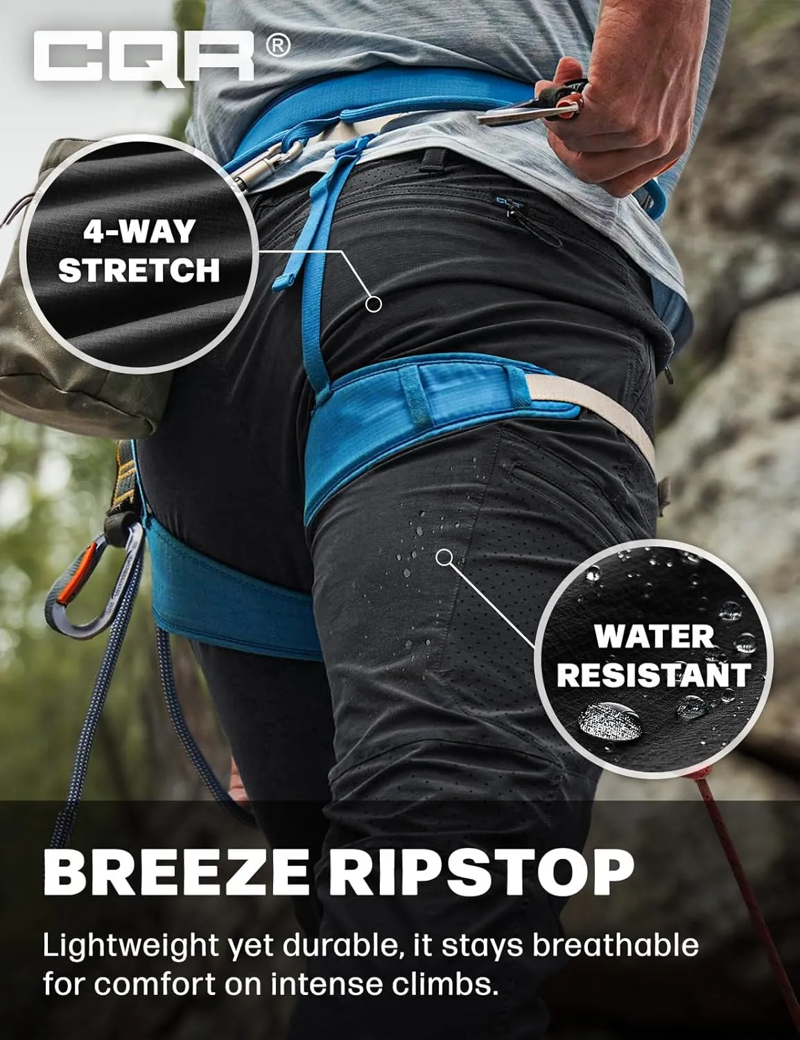 CQR Men's Lightweight Vent Hiking Pants, Water-Resistant & Breathable Sports Outdoor Athletic Pants with Elastic Waist